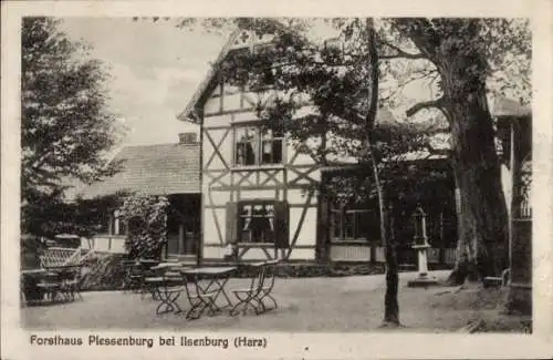 Ak Plessenburg Ilsenburg im Harz, Forsthaus Plessenburg, Fachwerkhaus, Terrasse