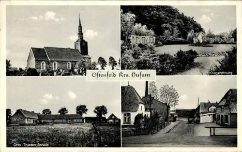 Ak Ostenfeld bei Husum in Nordfriesland, Kirche, Kriegerdenkmal, Otto Thiesen Schule