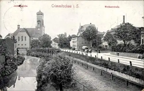 Ak Crimmitschau in Sachsen, Werdauerstraße, Kirche