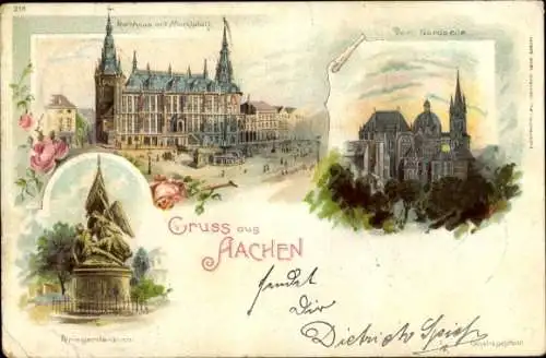 Litho Aachen, Rathaus, Marktplatz, Kriegerdenkmal, Dom