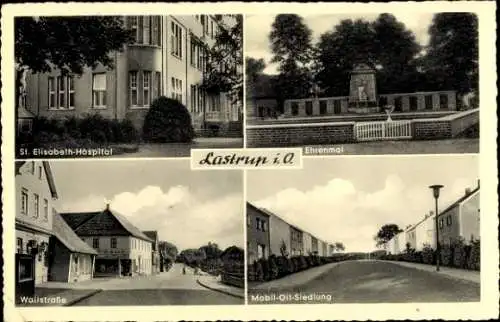 Ak Lastrup in Niedersachsen, St. Elisabeth-Hospital, Ehrenmal, Wallstraße, Mobil-Oil-Siedlung