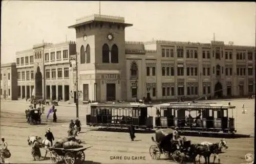 Ak Cairo Kairo Ägypten, Bahnhof, Straßenbahn