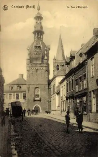 Ak Comines Nord, La Rue d’Hurlupin, Kirche