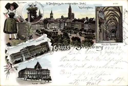 Litho Straßburg Elsass Bas Rhin, Elsässerin, Universität, Kaiserpalast, Kleberplatz, Münster