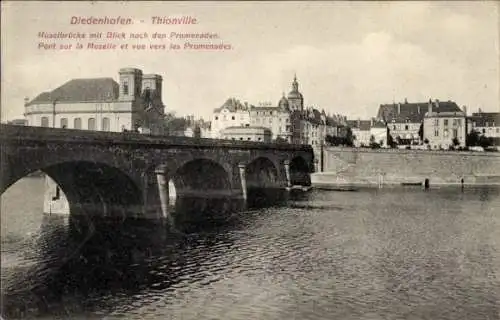 Ak Thionville Diedenhofen Lothringen Moselle, Moselbrücke, Promenade