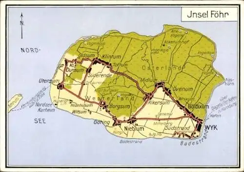 Ak Insel Föhr Nordfriesland, Landkarte, Wyk, Nieblum
