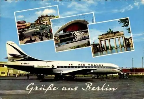 Ak Berlin Reinickendorf Tegel, Flughafen, Brandenburger Tor, Air France, Caravelle, F-BHRA, TXL