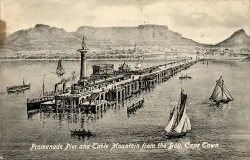 Ak Kapstadt Kapstadt Südafrika, Promenade Pier und Tafelberg von der Bucht aus
