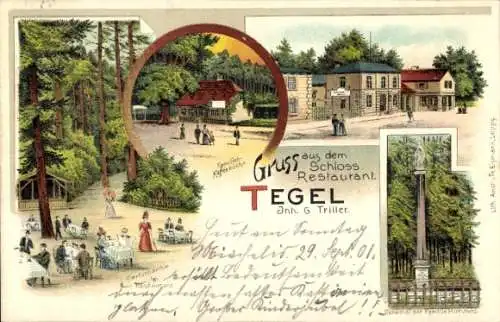 Litho Berlin Reinickendorf Tegel, Schlossrestaurant, Denkmal der Familie Humbold