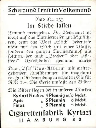 Sammelbild Scherz und Ernst im Volksmund Bild 153, Im Stiche lassen