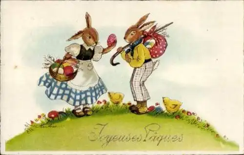 Künstler Ak Glückwunsch Ostern, Vermenschlichte Osterhasen mit Eiern
