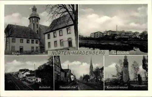 Ak Nörten Hardenberg in Niedersachsen, Zuckerfabrik, Hauptstraße, Bahnhof, Gleisseite, Kirche