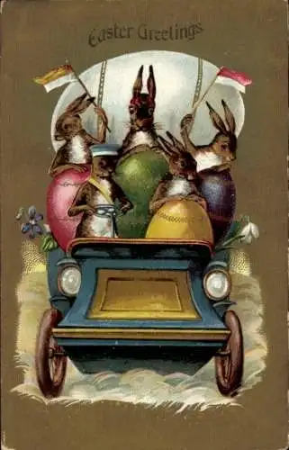 Ak Glückwunsch Ostern, Hasen mit Eiern im Automobil