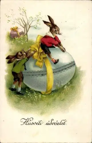 Ak Glückwunsch Ostern, Vermenschlichte Hasen, Osterei