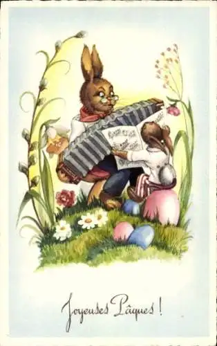 Ak Glückwunsch Ostern, Vermenschlichte Hasen, Ziehharmonika, Ostereier
