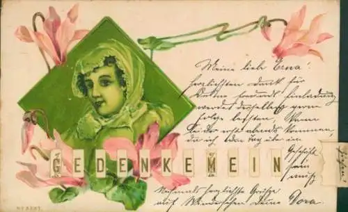 Mechanische Litho Gedenke Mein, Frauenbildnis, Blumen