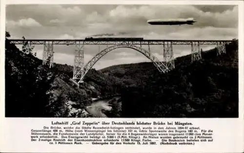 Ak Solingen Nordrhein Westfalen, Müngstener Brücke, Luftschiff LZ 127 Graf Zeppelin über dem Viadukt