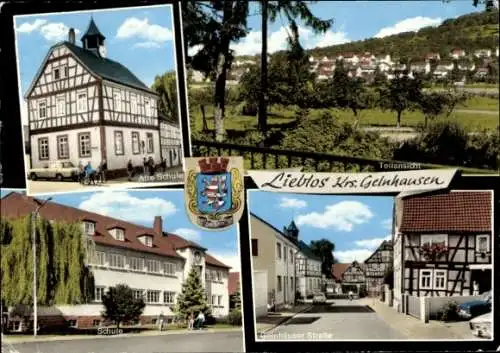 Ak Lieblos Gründau in Hessen, Wappen, Alte Schule, Teilansicht, Schule, Gelnhäuser Straße