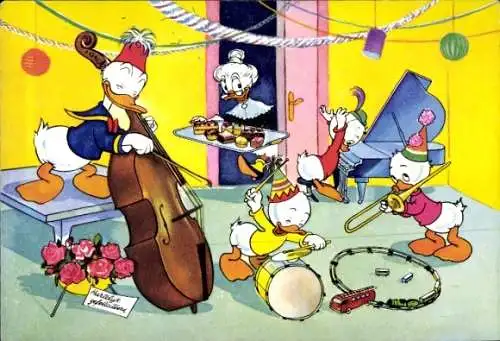 Ak Walt Disney, Donald Duck und Neffen musizieren, Oma Duck, Festdekoration