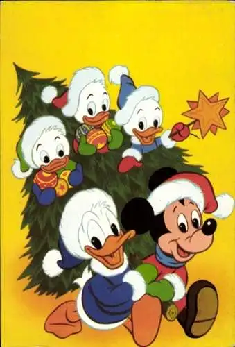 Künstler Ak Walt Disney, Donald Duck, Neffen, Micky Maus,Tannenbaum