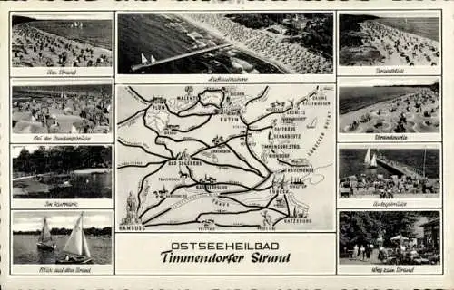 Ak Ostseebad Timmendorfer Strand, Strand, Luftaufnahme, Landkarte, Segelboote, Landungsbrücke