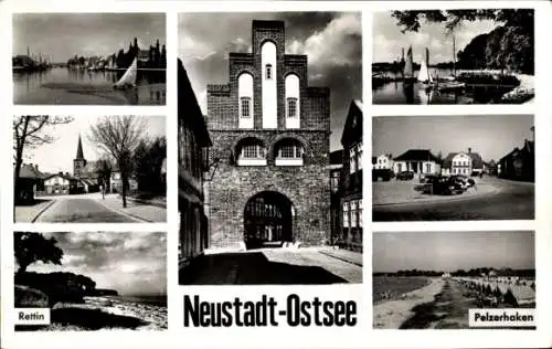 Ak Ostseebad Pelzerhaken Neustadt in Holstein, Tor, Rettin, Strand, Autos, Kirche