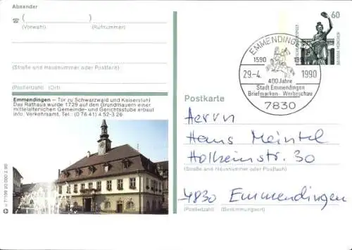 Ganzsachen Ak Emmendingen in Baden, Markt mit Rathaus und Brunnen