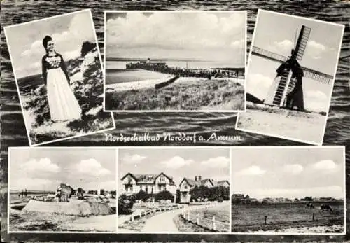 Ak Norddorf auf Amrum Nordfriesland, friesische Tracht, Windmühle, Strand