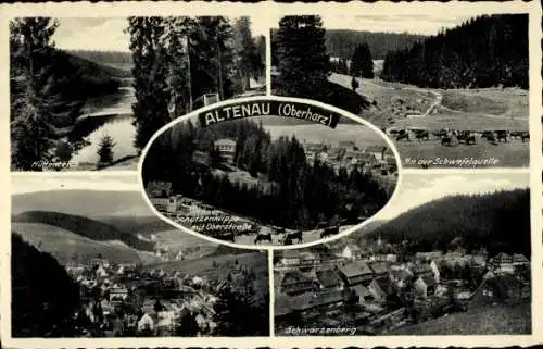 Ak Altenau Clausthal Zellerfeld im Oberharz, Hüttenteich, Schwefelquelle, Schwarzenberg, Panorama