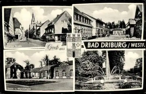 Ak Bad Driburg in Westfalen, Lange Straße, Kurpark-Eingang, Fontäne, Trink- und Wandelhalle