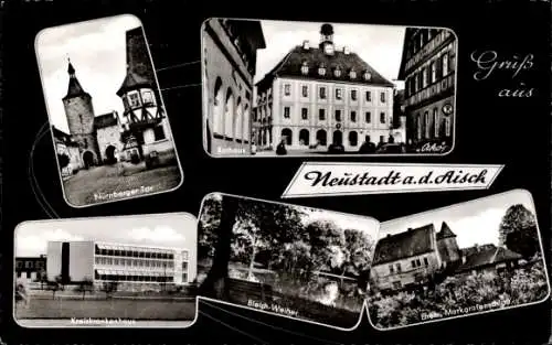 Ak Neustadt an der Aisch, Rathaus, Bleichweiher, Nürnberger Tor, Kreiskrankenhaus, Markgrafenschloss