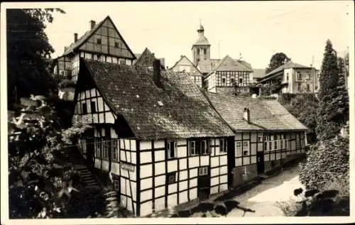 Foto Ak Tecklenburg in Nordrhein Westfalen, Teilansicht der Stadt, Fachwerkhäuser, Apotheke Schild