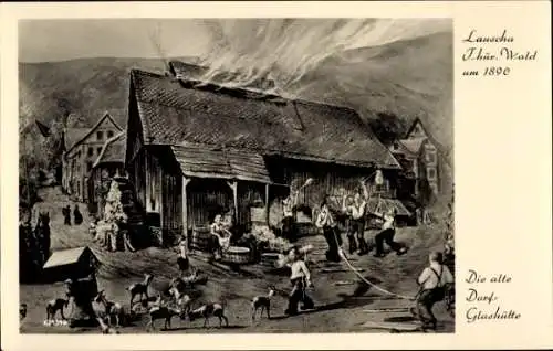 Künstler Ak Lauscha in Thüringen, alte Dorf-Glashütte um 1890, Glasbläser, Ziegen