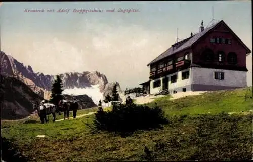 Ak Garmisch Partenkirchen in Oberbayern, Kreuzeckhaus, Adolf Zoeppritz Haus, Pferde