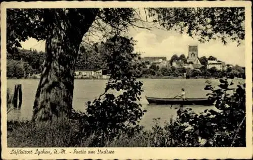 Ak Lychen in der Uckermark, am Stadtsee, Ruderboot, Kirche