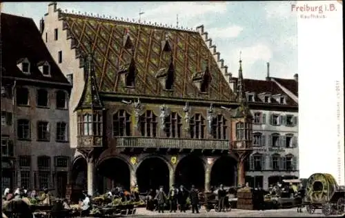 Ak Freiburg im Breisgau, Marktstände vor dem Kaufhaus, Erker