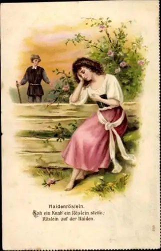 Präge Ak Haidenröslein, Sah ein Knab' ein Röslein steh'n, Liebespaar
