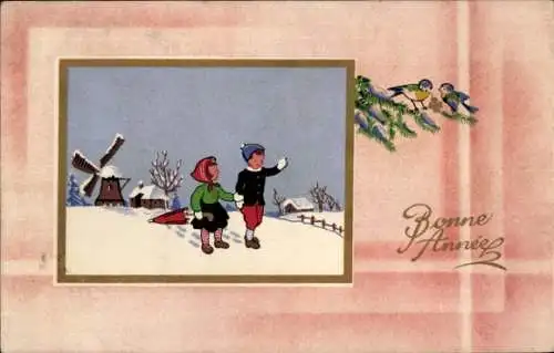 Passepartout Ak Glückwunsch Neujahr, Winterlandschaft mit Windmühle, Kinder, Vögel