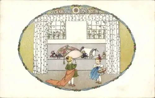 Künstler Ak Köhler, Mela, Zwei kleine Mädchen, Fenster