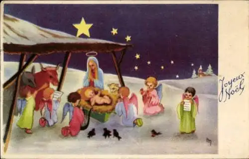 Ak Glückwunsch Weihnachten, Jesus in der Krippe, Engel, Maria