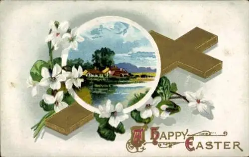 Ak Glückwunsch Ostern, Kreuz, Blumen, Frühlingslandschaft