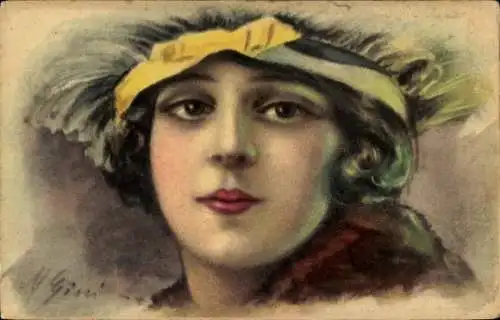 Künstler Ak Portrait einer jungen Frau mit Hut