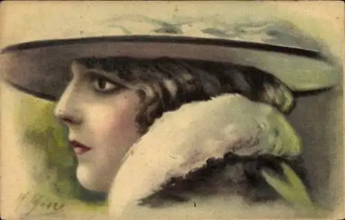 Künstler Ak Portrait einer jungen Frau mit Hut