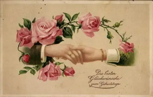Ak Glückwunsch Geburtstag, Hände, Rosenblüten