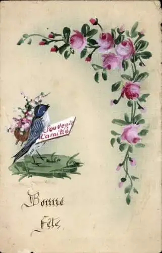 Handgemalt Ak Glückwunsch, Rosenblüten und Vogel