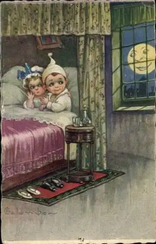 Künstler Ak Colombo, E., Paar im Bett, Mondgesicht