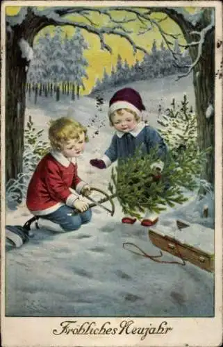 Ak Glückwunsch Neujahr, Kinder fällen einen Tannenbaum, Schlitten