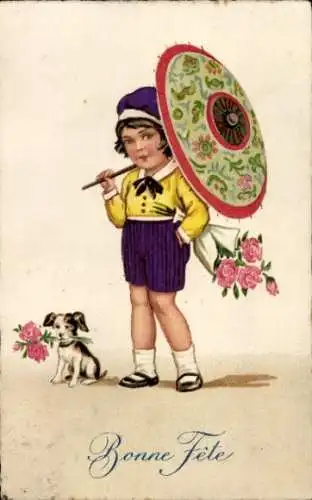 Ak Glückwunsch, Kind mit Sonnenschirm und Blumenstrauß, kleiner Hund