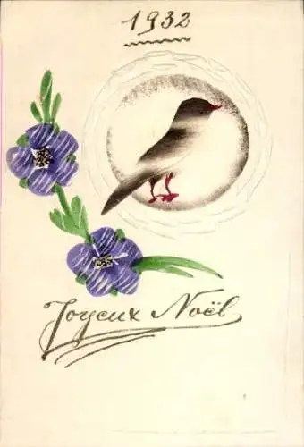 Handgemalt Ak Glückwunsch Weihnachten, Blaue Blumen und ein Vogel