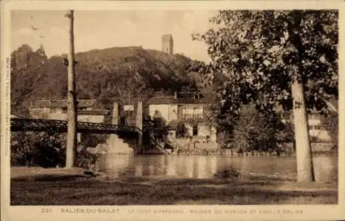 Ak Salies du Salat Haute Garonne, Le Pont Suspendu, Ruines du Donjon et vieille Eglise